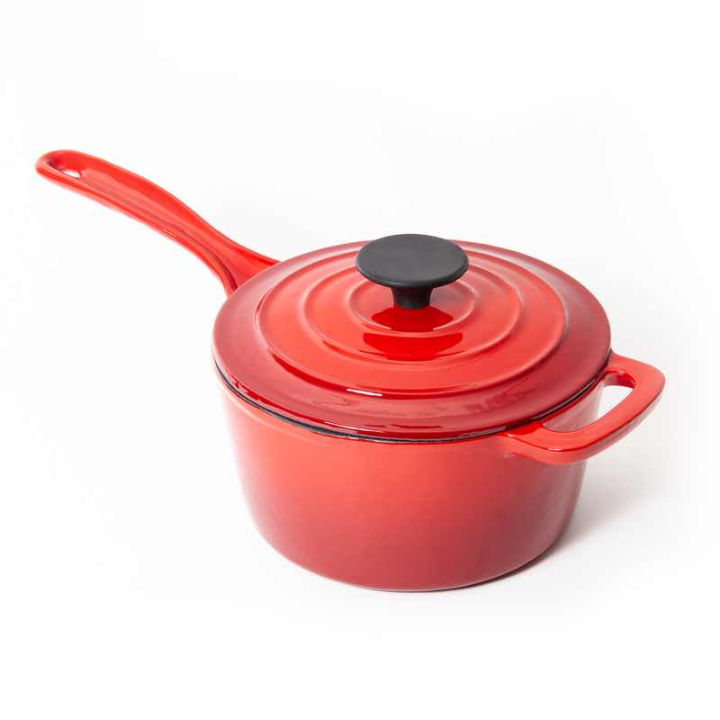 Enameled Cast Iron 2 Quart Sauce Pan with Lid - Red